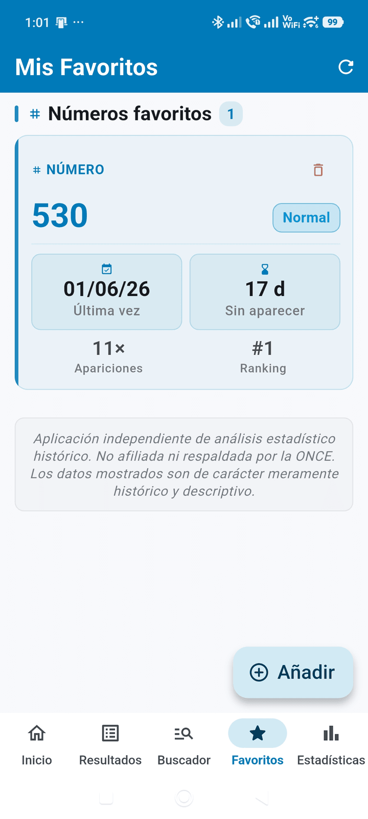 Pantalla de favoritos de TriplexStats con los números guardados por el usuario y sus estadísticas de aparición
