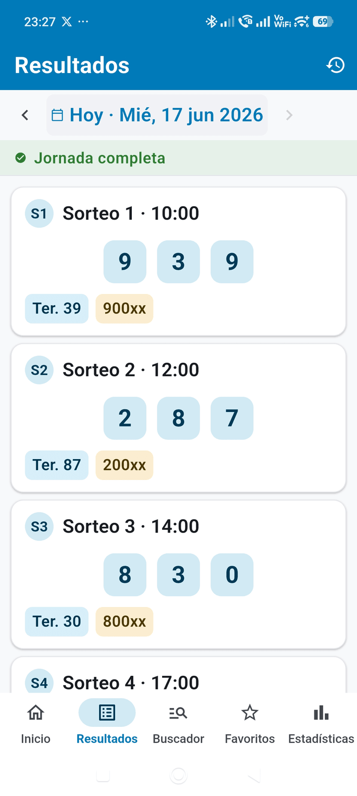 Pantalla de resultados de TriplexStats mostrando los sorteos del Triplex de una jornada con sus terminaciones
