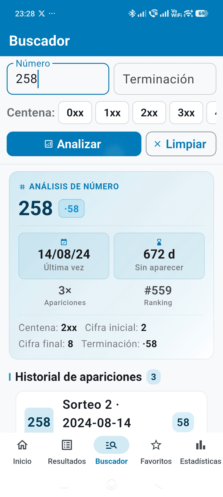 Buscador de TriplexStats con el análisis estadístico de un número: última aparición, días de ausencia y ranking