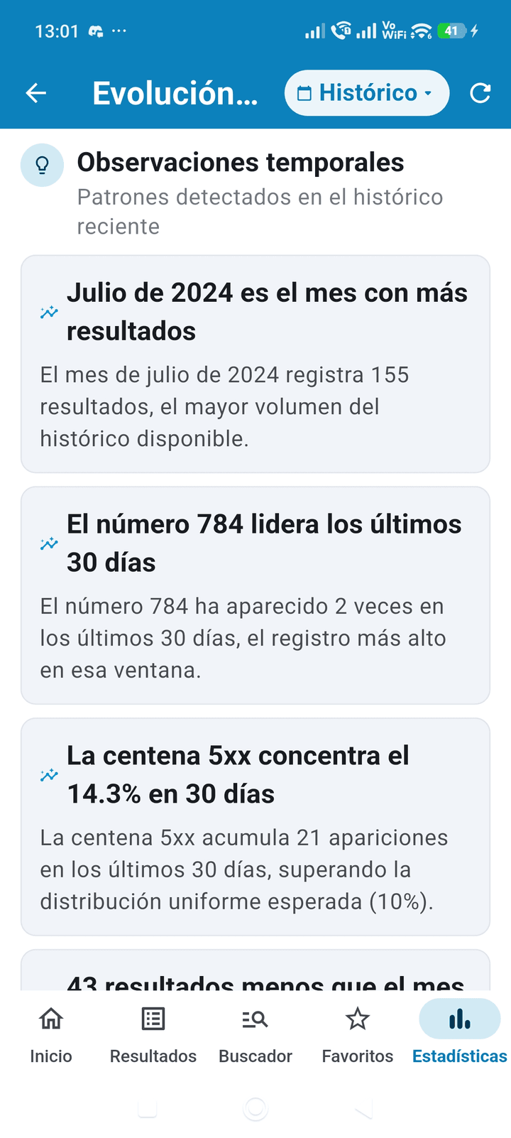 Pantalla de evolución temporal de TriplexStats con observaciones y patrones detectados en el histórico reciente